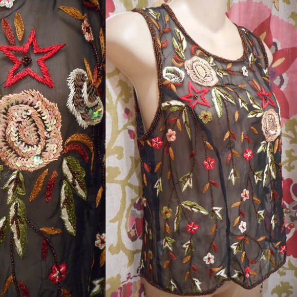 Mark & John by GOPAL Black Silk Crepe Sleeveless Top w/Beading & Embroidery! M - Picture 2 of 3